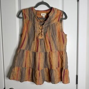 Style Co Womens M Orange Pink Stripe Tiered Lace Up Neck Sleeveless Tunic Top